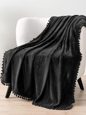 Black Pompom Soft Velvety Velour Pom Pom Throw Blanket Boho Deco Chair Cover Up